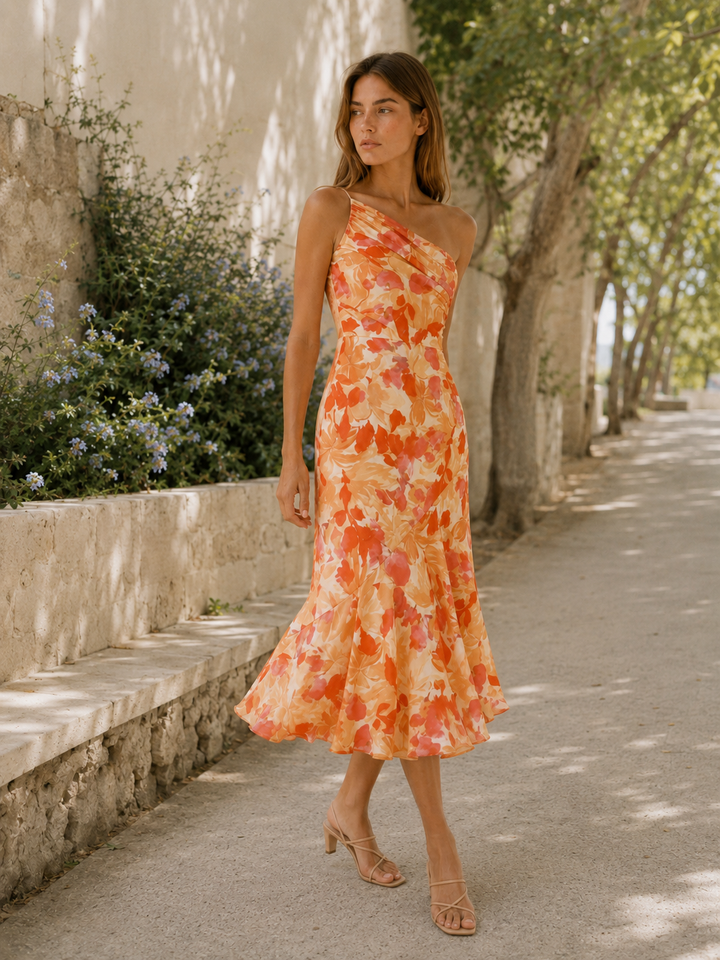 Blue Floral Midi Dress with One Shoulder Cut – back view