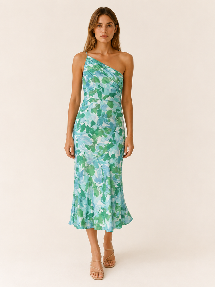 Pink Floral Midi Dress with One Shoulder Cut – close-up