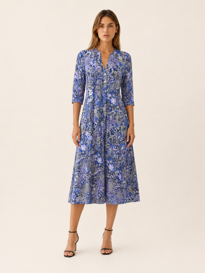 Blue Printed Midi Dress with V Neck and Pockets – front view
