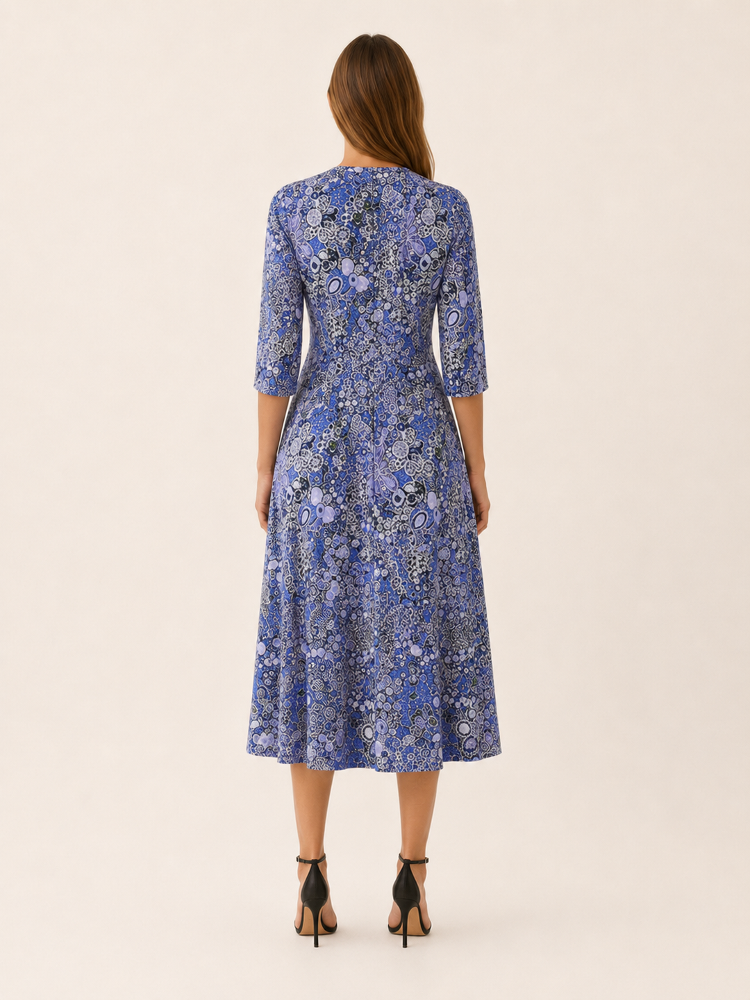 Blue Printed Midi Dress with V Neck and Pockets – back view