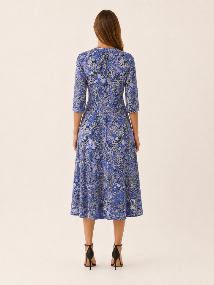 Blue Printed Midi Dress with V Neck and Pockets – back view