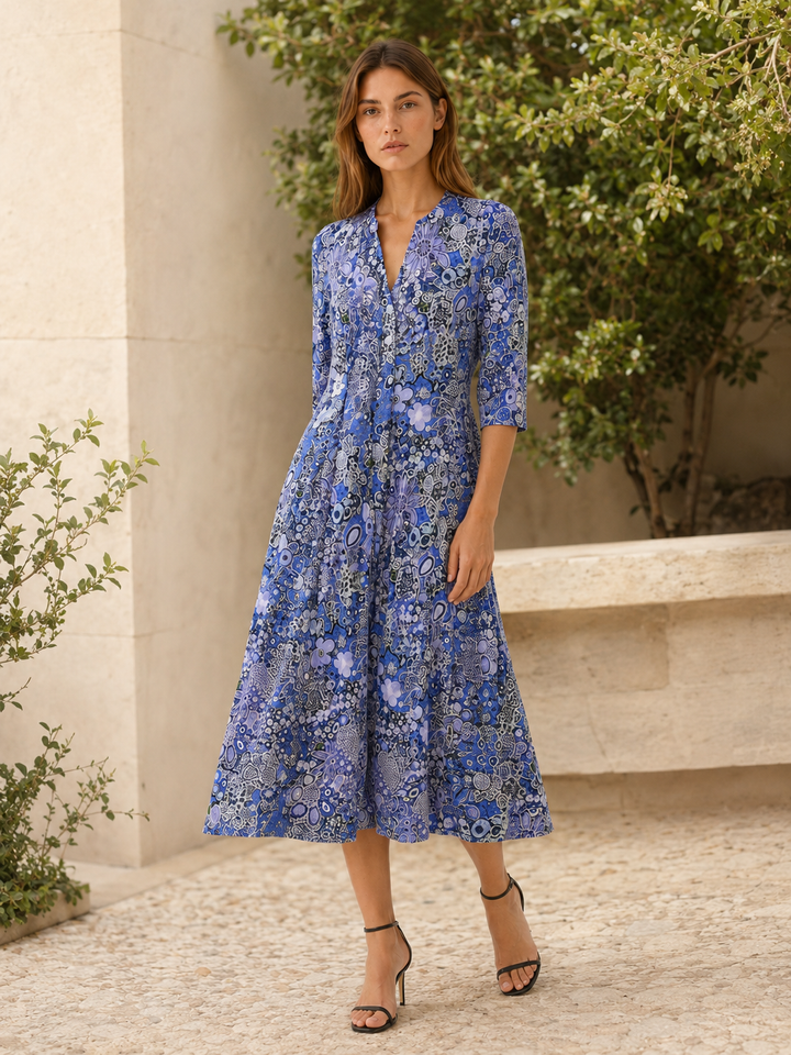 Blue Printed Midi Dress with V Neck and Pockets – close-up