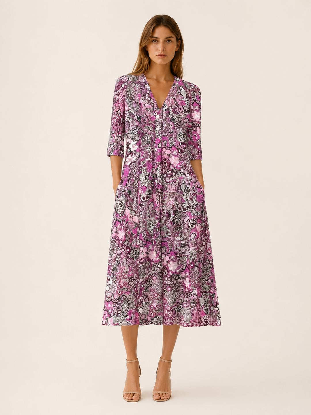 Blue Printed Midi Dress with V Neck and Pockets – full length view