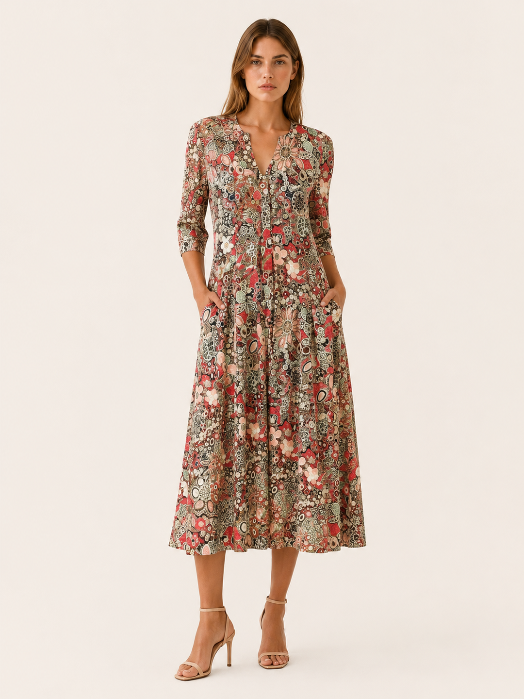 Red Printed Midi Dress with V Neck and Pockets – lifestyle
