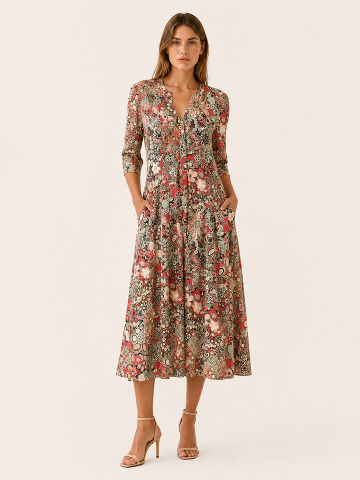 Red Printed Midi Dress with V Neck and Pockets – lifestyle