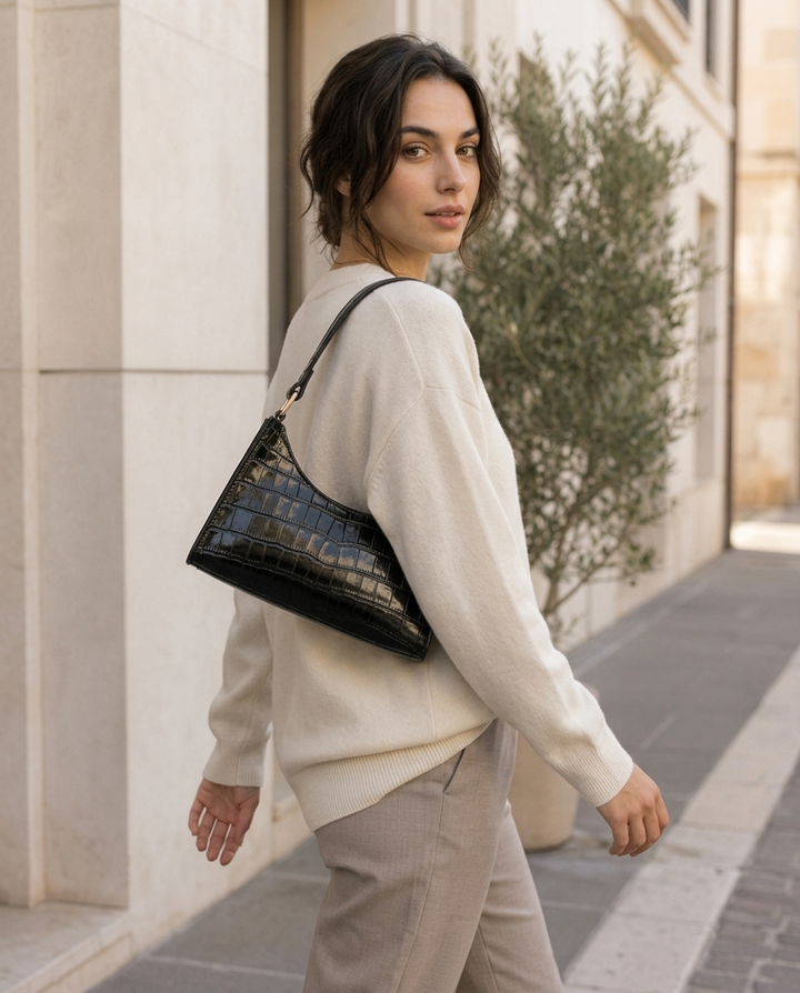 Vireya | Croc Effect Shoulder Bag with Zip Closure