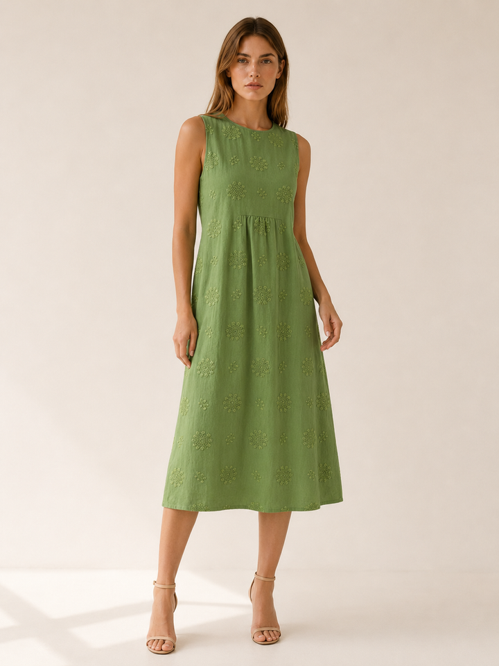 Green Textured Midi Dress with Round Neck – front view
