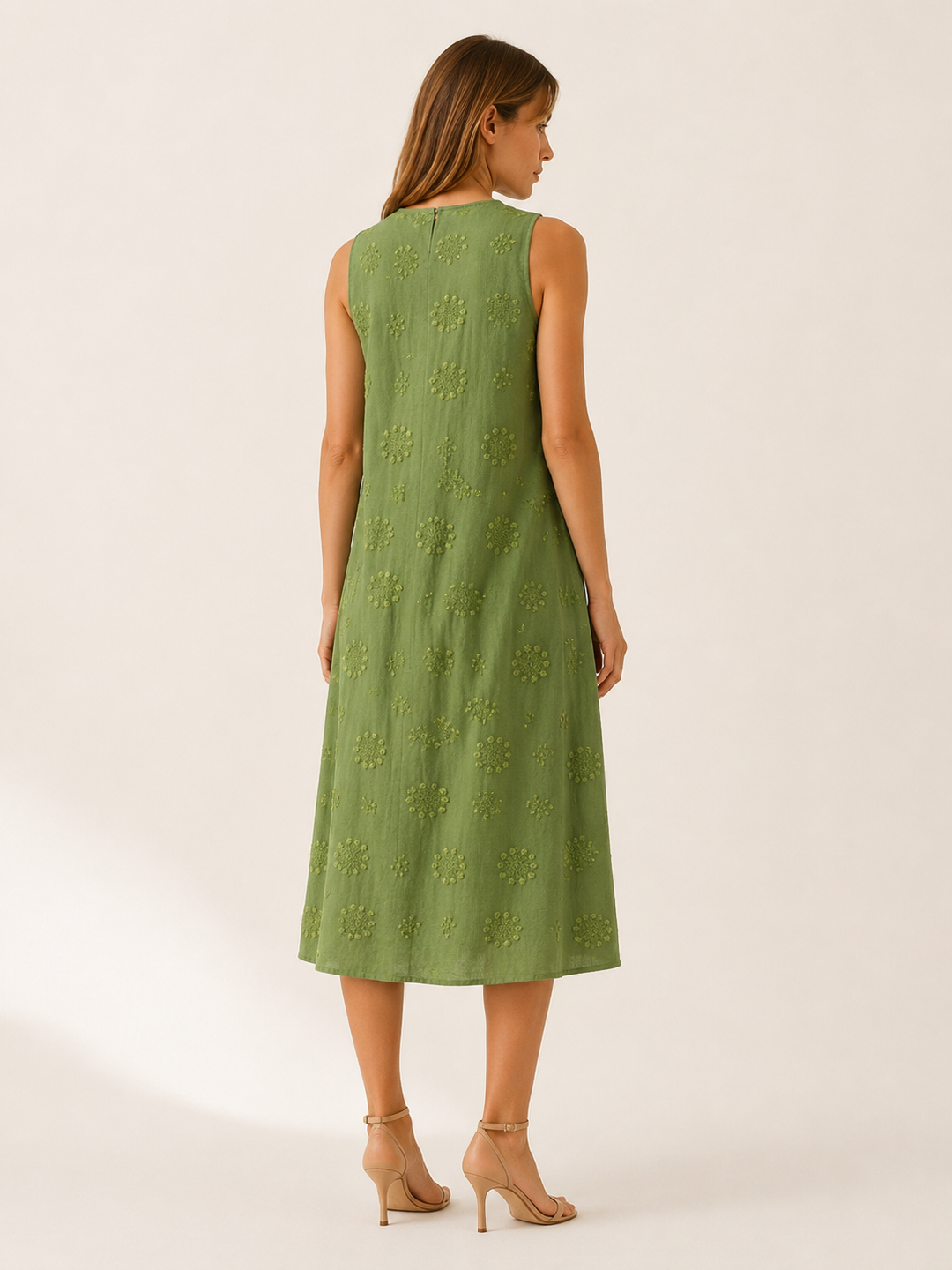Green Textured Midi Dress with Round Neck – back view