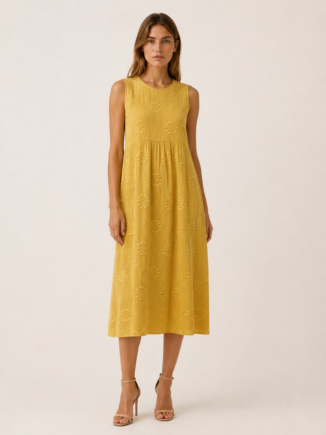Green Textured Midi Dress with Round Neck – full length view