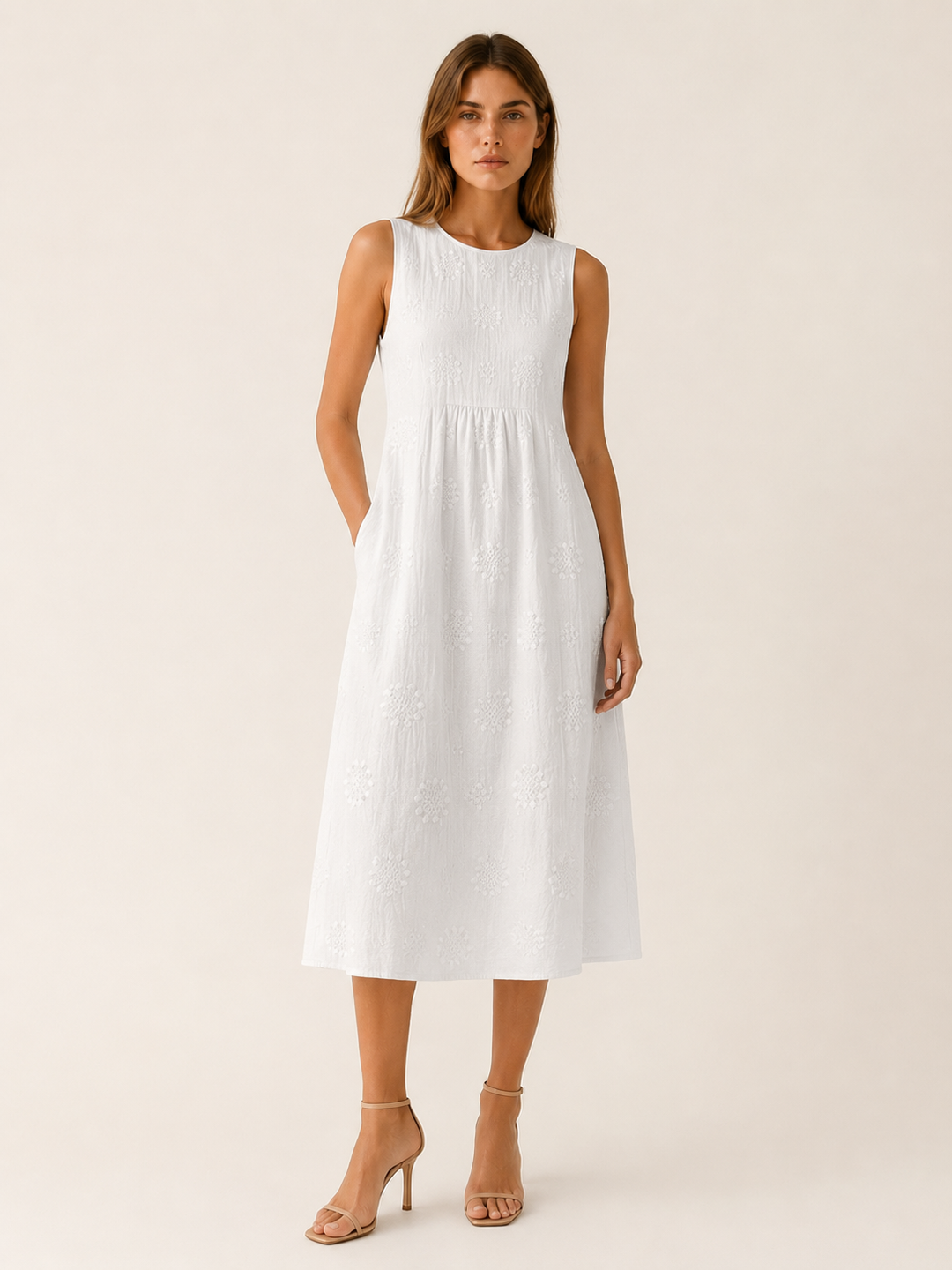 Green Textured Midi Dress with Round Neck – angled view
