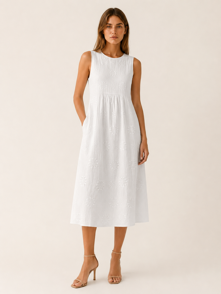Green Textured Midi Dress with Round Neck – angled view