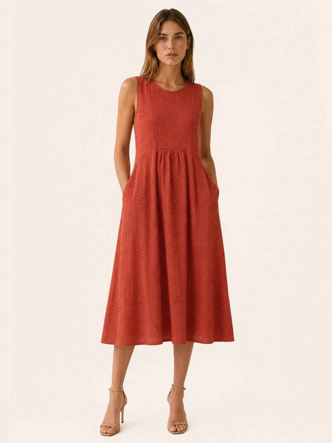 Green Textured Midi Dress with Round Neck – model view