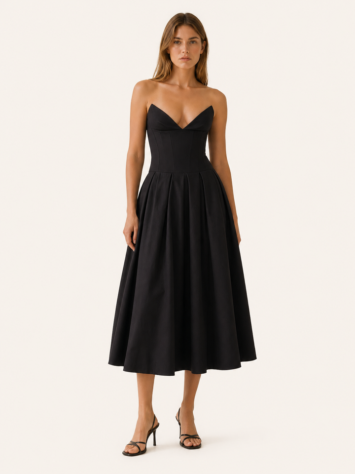 Black Corset Midi Dress with Full Skirt – front view