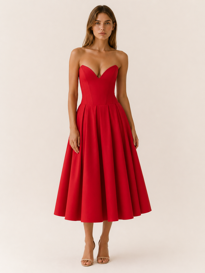 Black Corset Midi Dress with Full Skirt – full length view