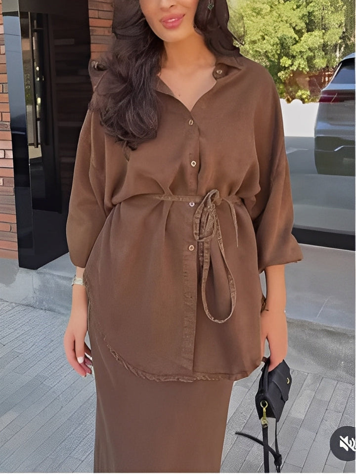 Women's tie blouse skirt matching set – close-up