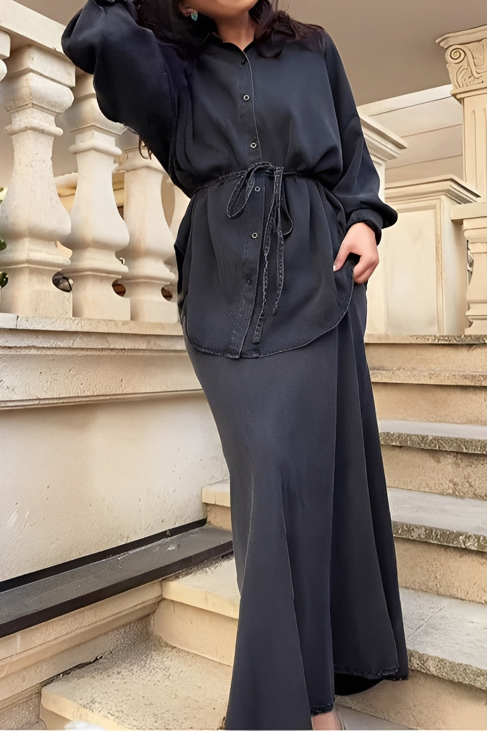 Women's tie-blouse flowing skirt co-ord – side view