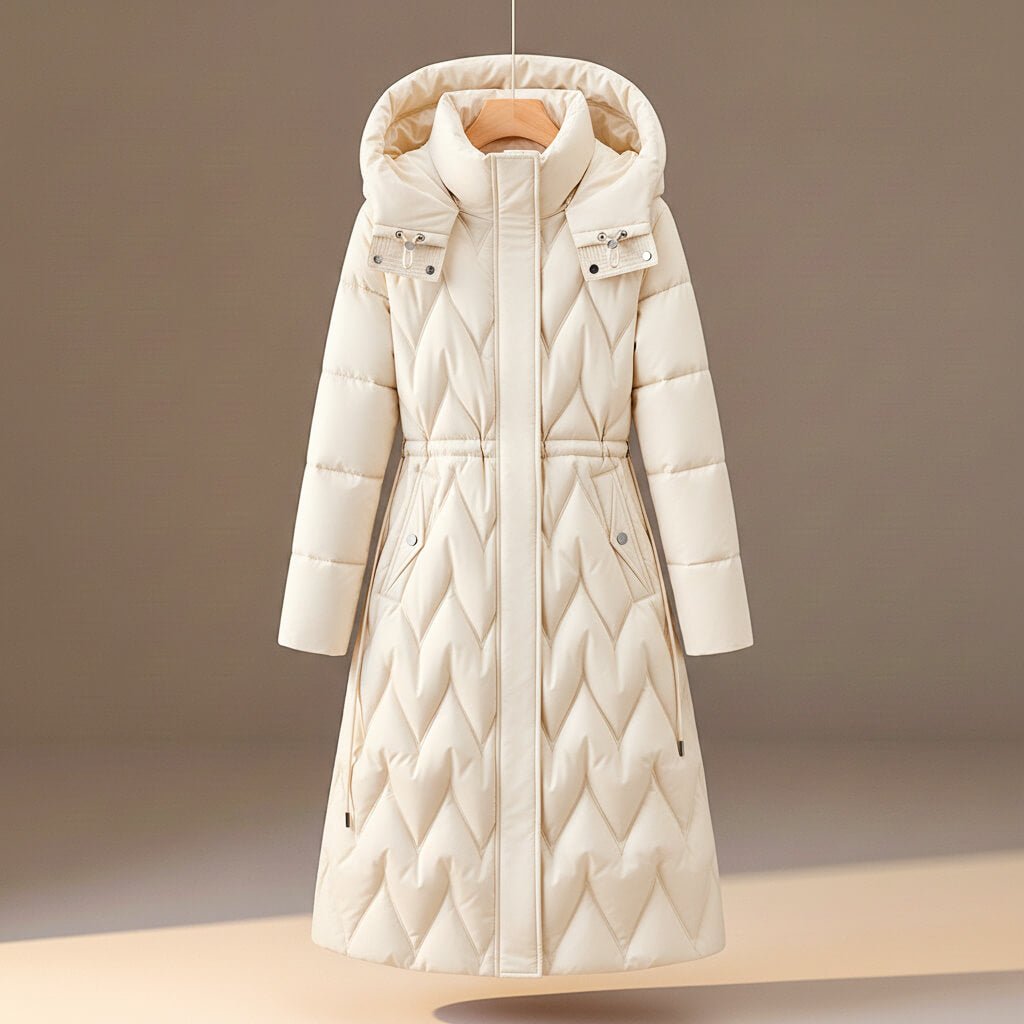Chloe | Women's Long Quilted Hooded Coat with Cinched Waist