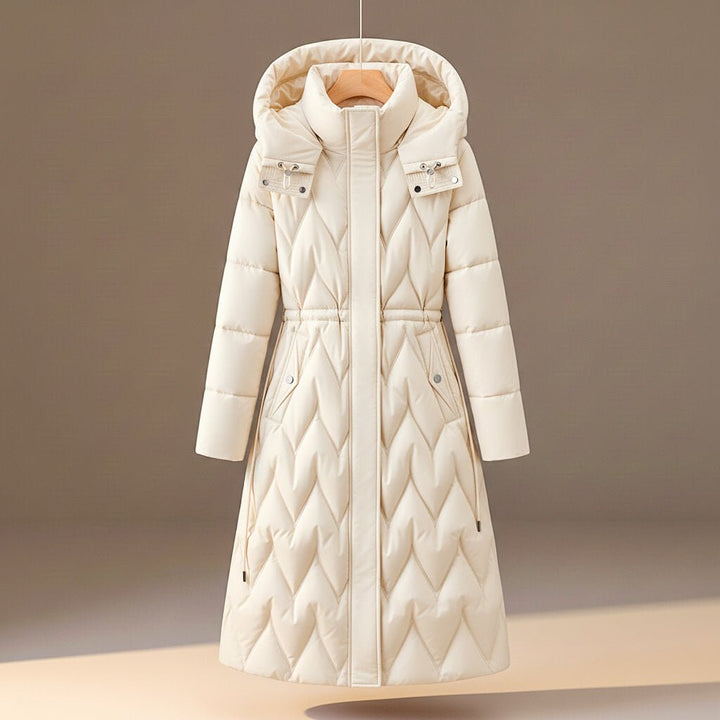 Chloe | Women's Long Quilted Hooded Coat with Cinched Waist