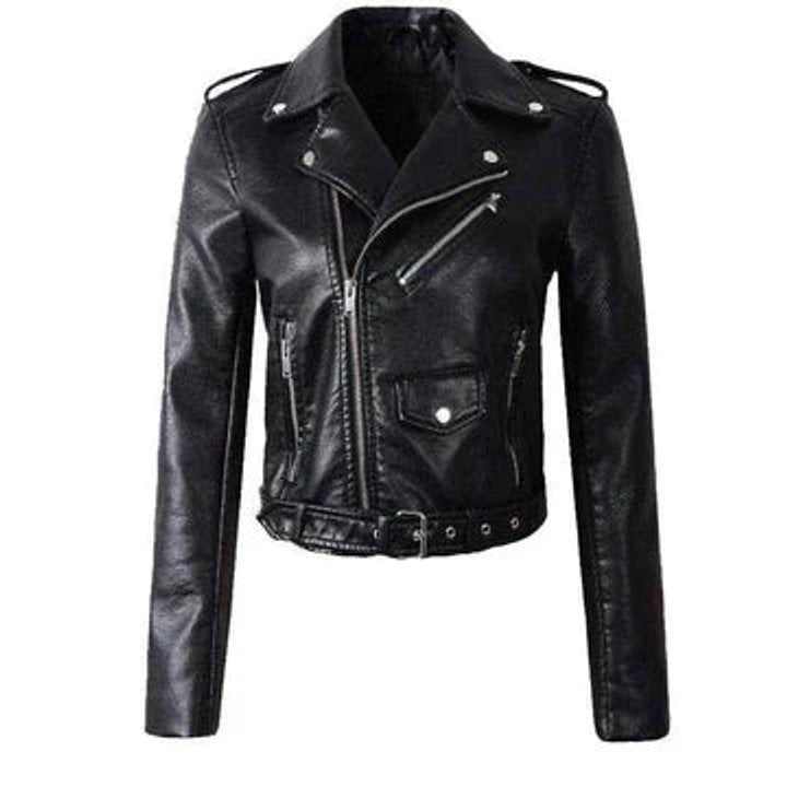 Rosalind | Women's Faux Leather Cropped Moto Jacket with Belt