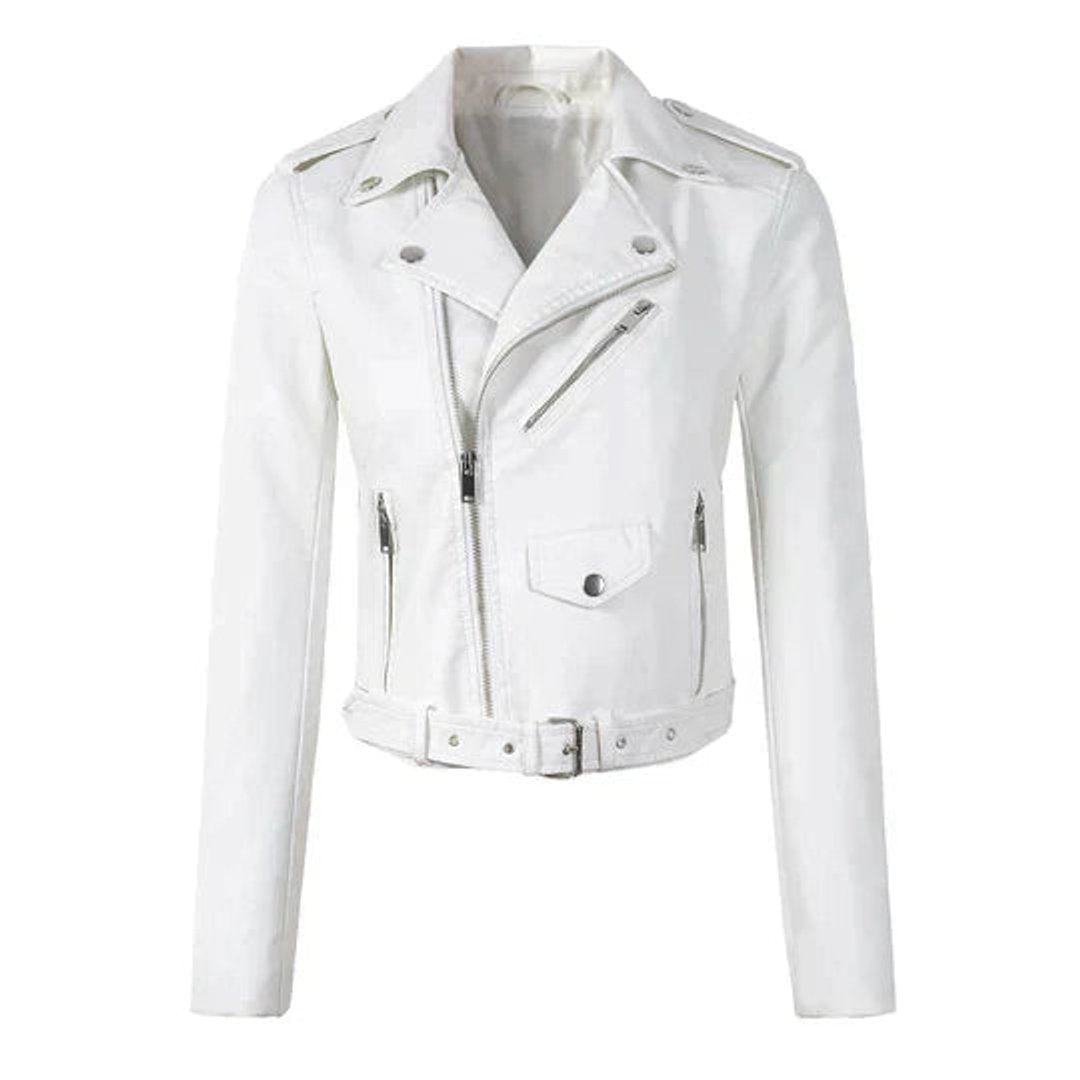 Rosalind | Women's Faux Leather Cropped Moto Jacket with Belt