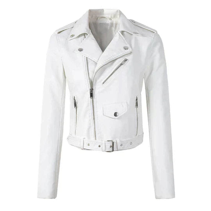 Rosalind | Women's Faux Leather Cropped Moto Jacket with Belt