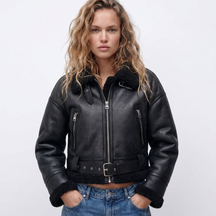 Marguerite | Women's Cropped Bomber Jacket with Shearling Trim