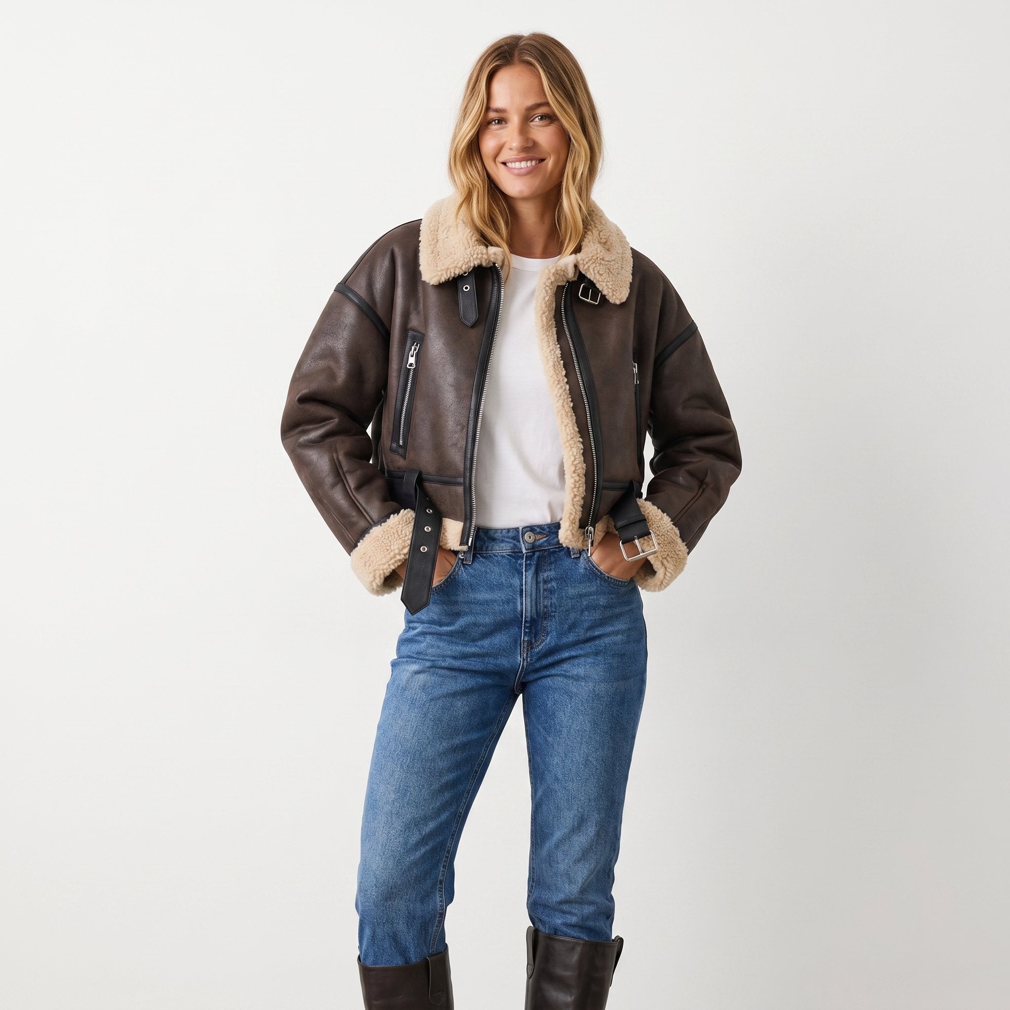 Cropped Bomber Jacket with Shearling Trim | Harry & Kate Co.