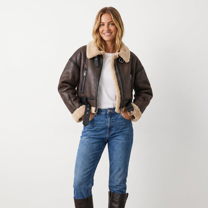 Marguerite | Women's Cropped Bomber Jacket with Shearling Trim