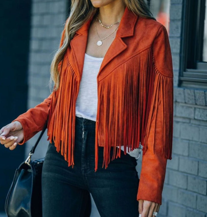 Marisette | Women's Faux Suede Fringe Cropped Moto Jacket
