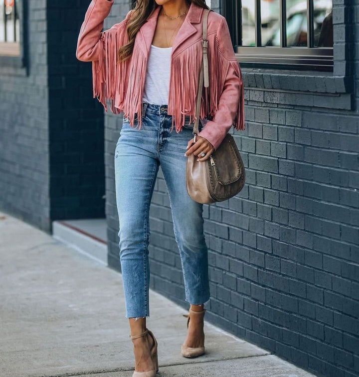 Marisette | Women's Faux Suede Fringe Cropped Moto Jacket