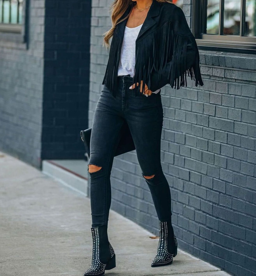 Marisette | Women's Faux Suede Fringe Cropped Moto Jacket