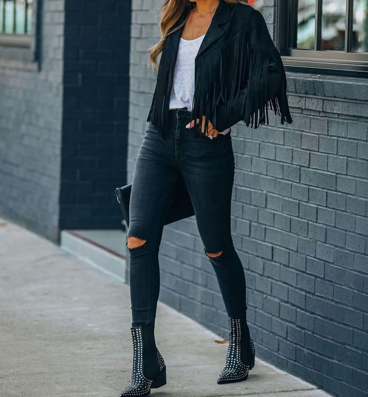 Marisette | Women's Faux Suede Fringe Cropped Moto Jacket