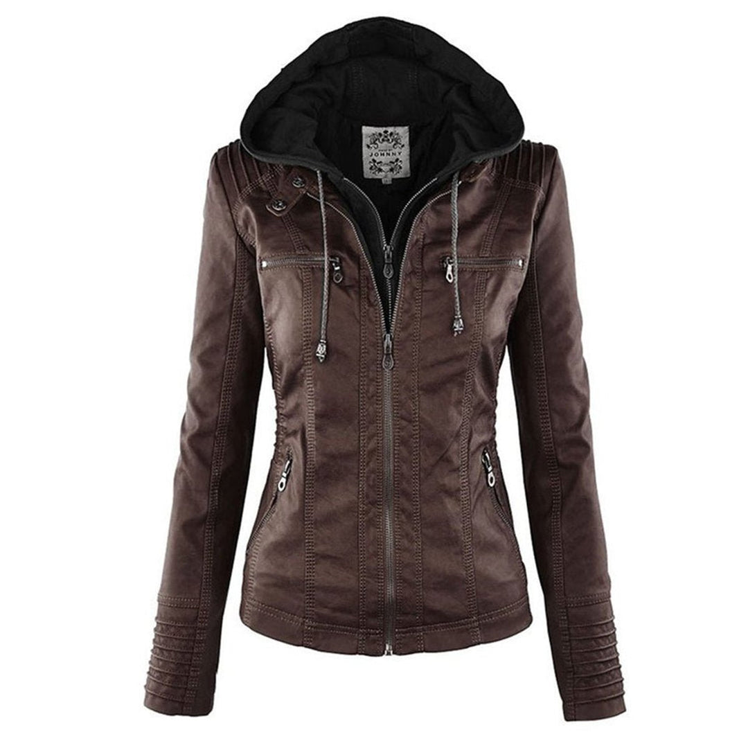 Charlotte | Women's Hooded Faux Leather Jacket with Detachable Hood
