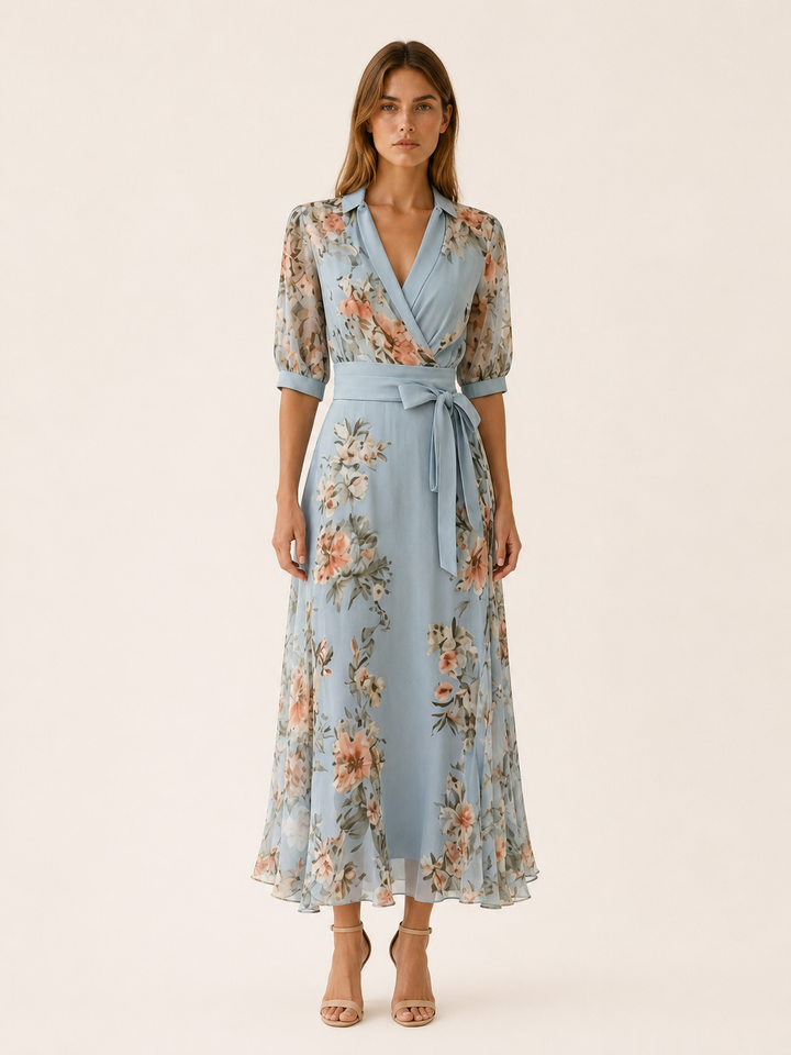 Blue Floral Maxi Dress with V Neck and Tie Waist – front view