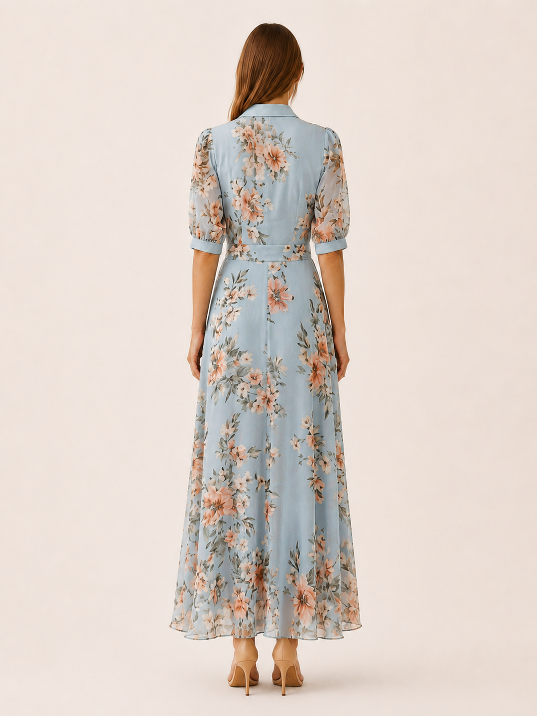 Blue Floral Maxi Dress with V Neck and Tie Waist – detail view