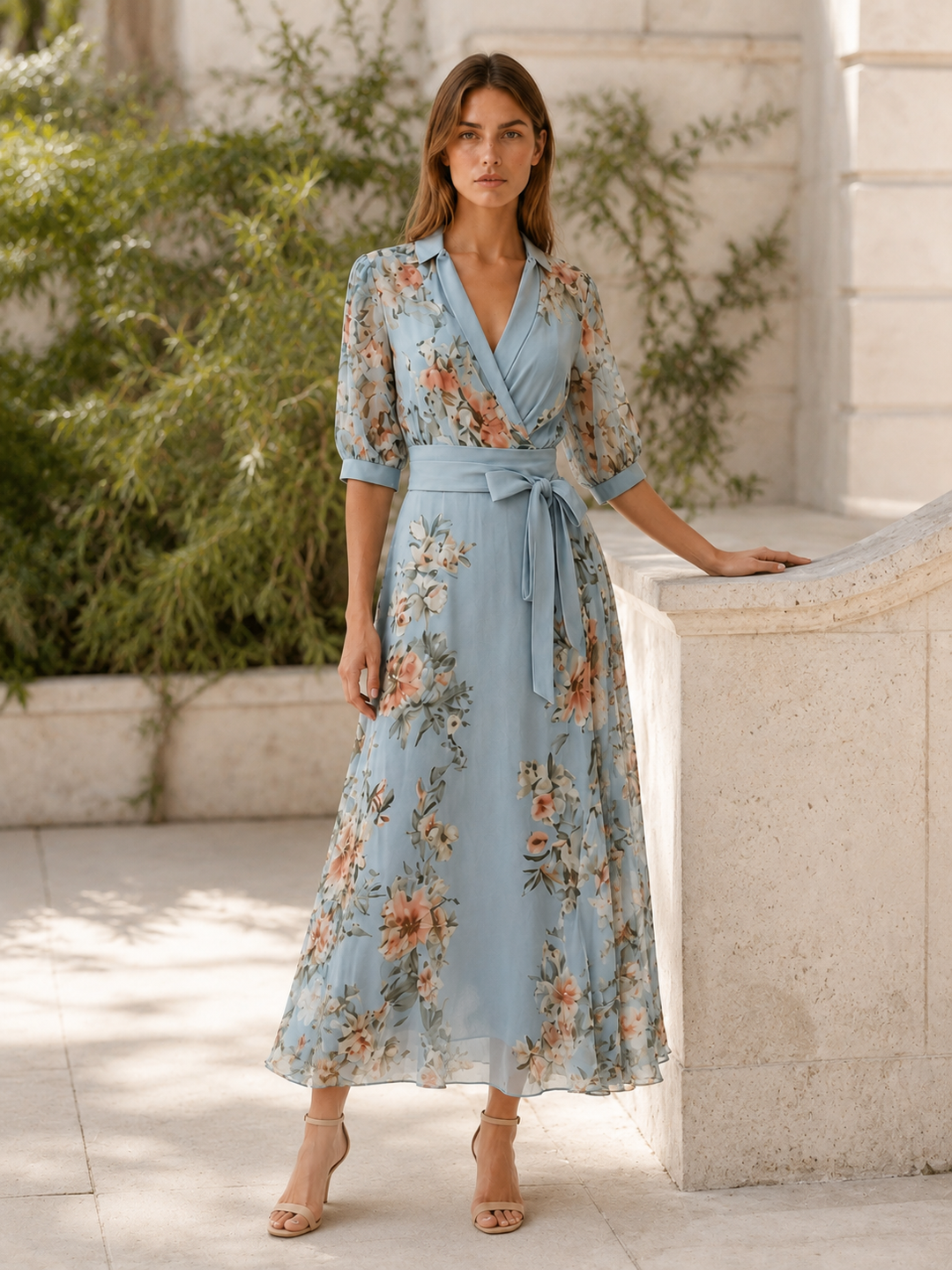 Blue Floral Maxi Dress with V Neck and Tie Waist – close-up