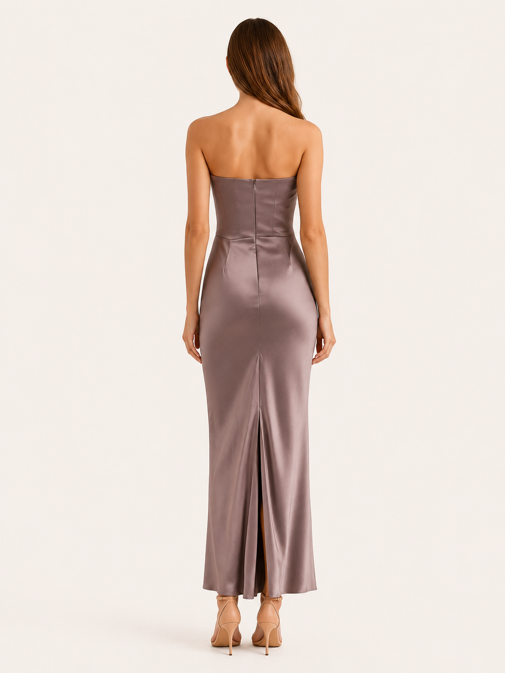 Brown Strapless Maxi Dress with Draped Waist – side view
