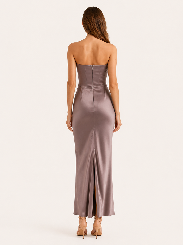 Brown Strapless Maxi Dress with Draped Waist – side view
