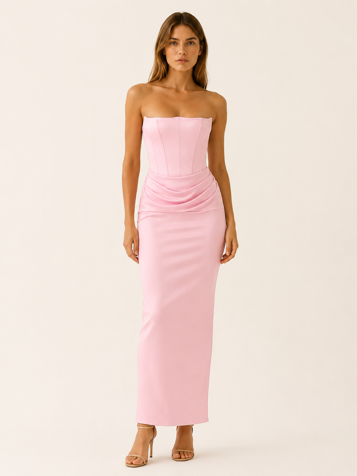 Brown Strapless Maxi Dress with Draped Waist – close-up