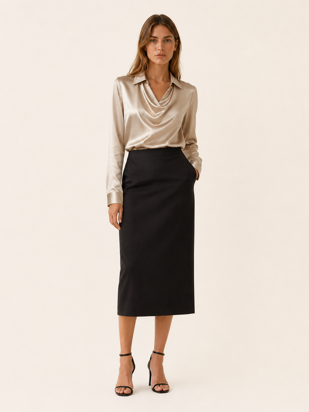 Gold Satin Top with Pleated Neckline – front view