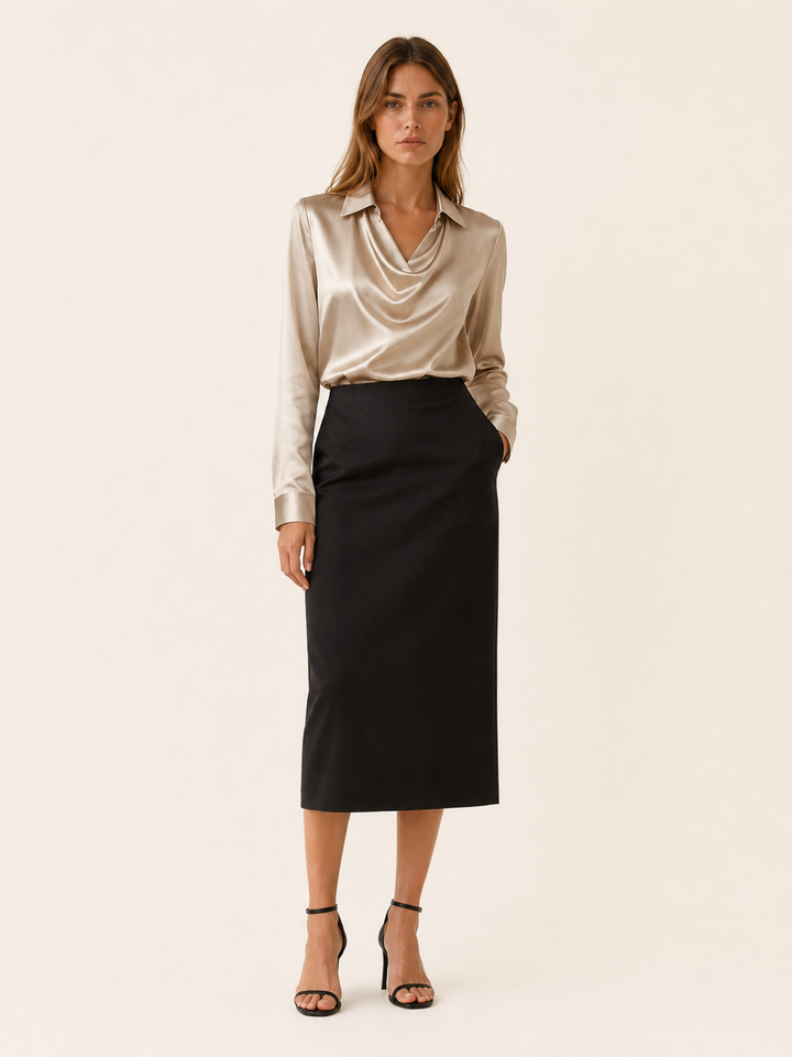 Gold Satin Top with Pleated Neckline – front view