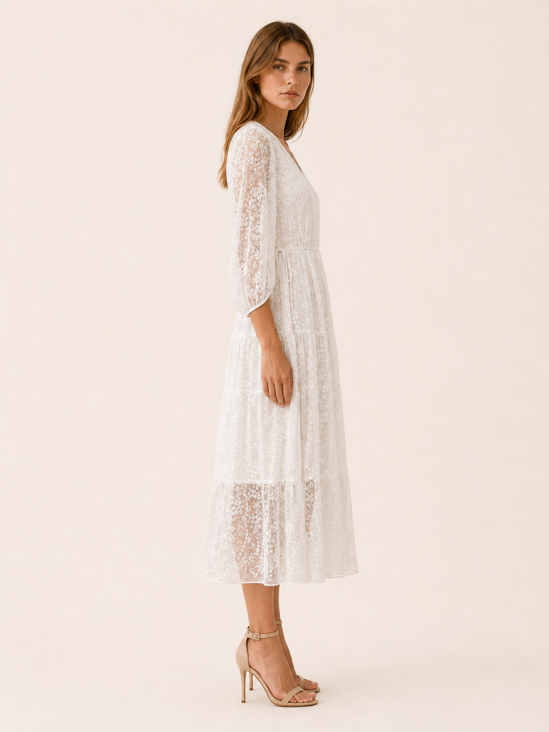 White Lace Midi Dress with V Neck and Tie Waist – side view