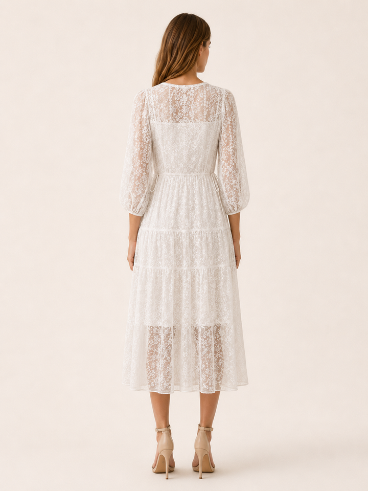 White Lace Midi Dress with V Neck and Tie Waist – back view