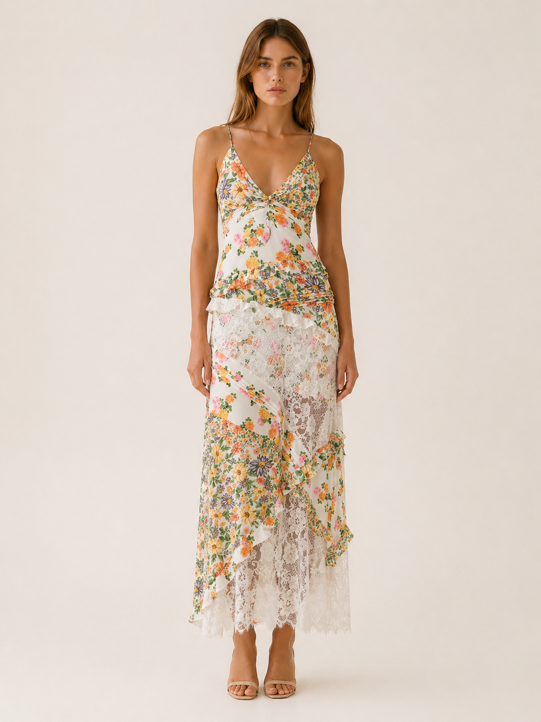 Green Floral Lace Maxi Dress with Open Back – front view