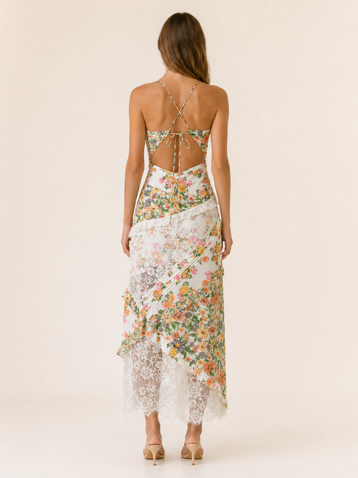 Green Floral Lace Maxi Dress with Open Back – side view