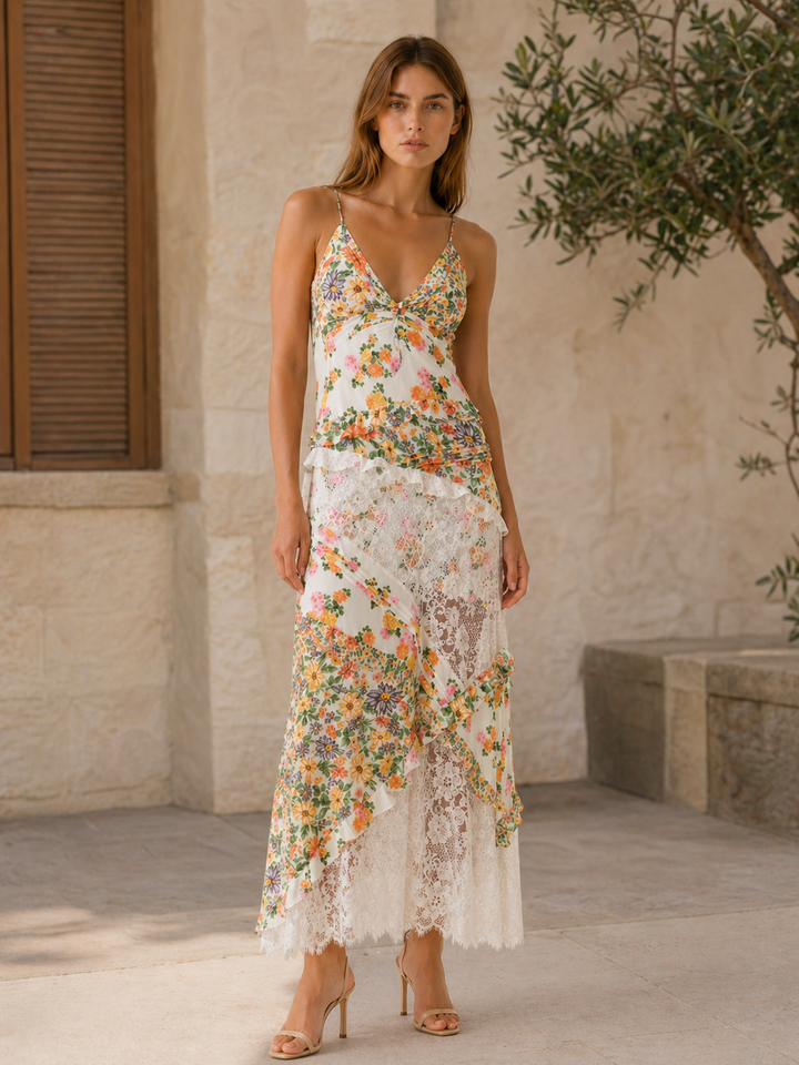 Green Floral Lace Maxi Dress with Open Back – back view