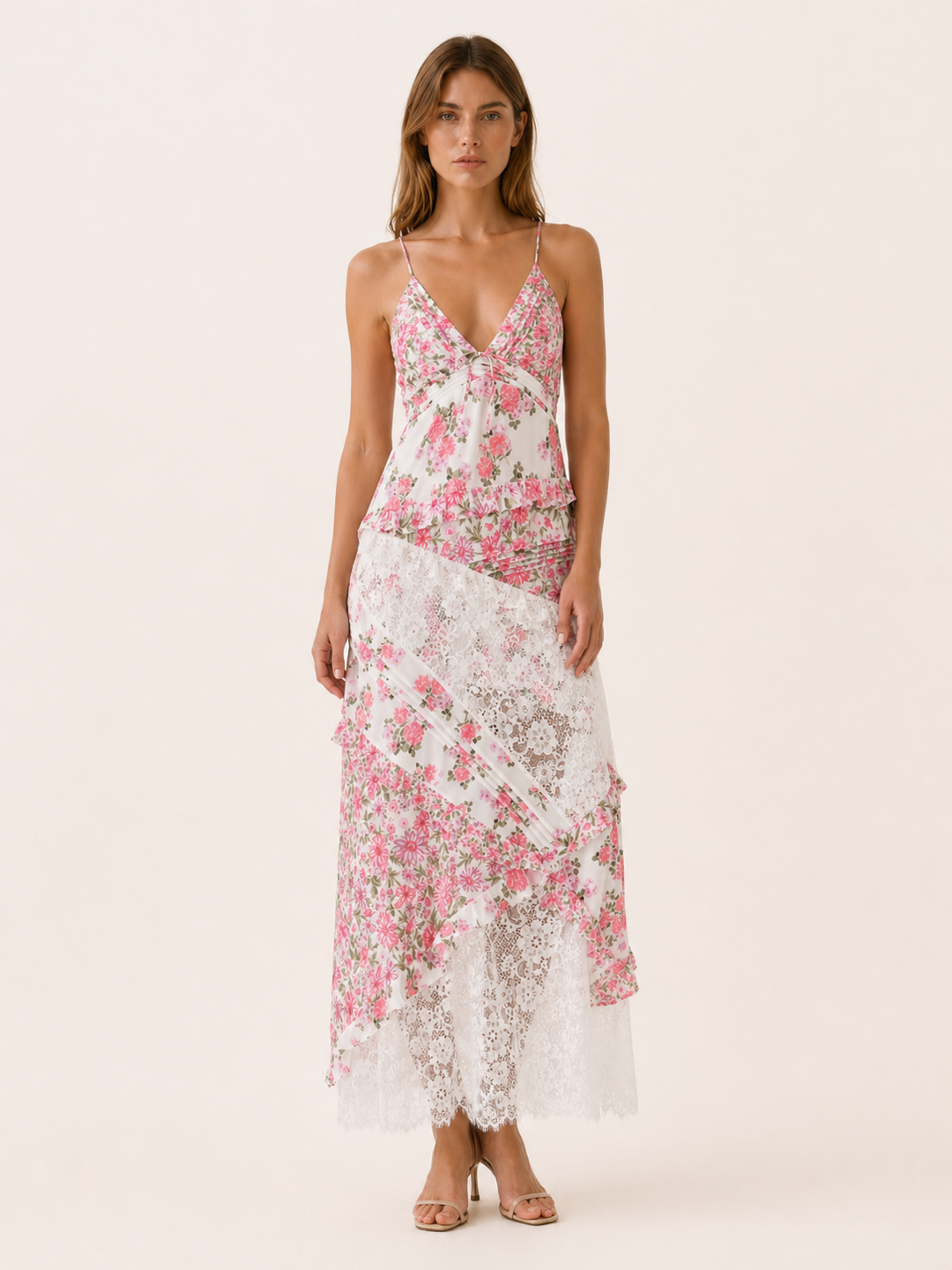 Green Floral Lace Maxi Dress with Open Back – detail view