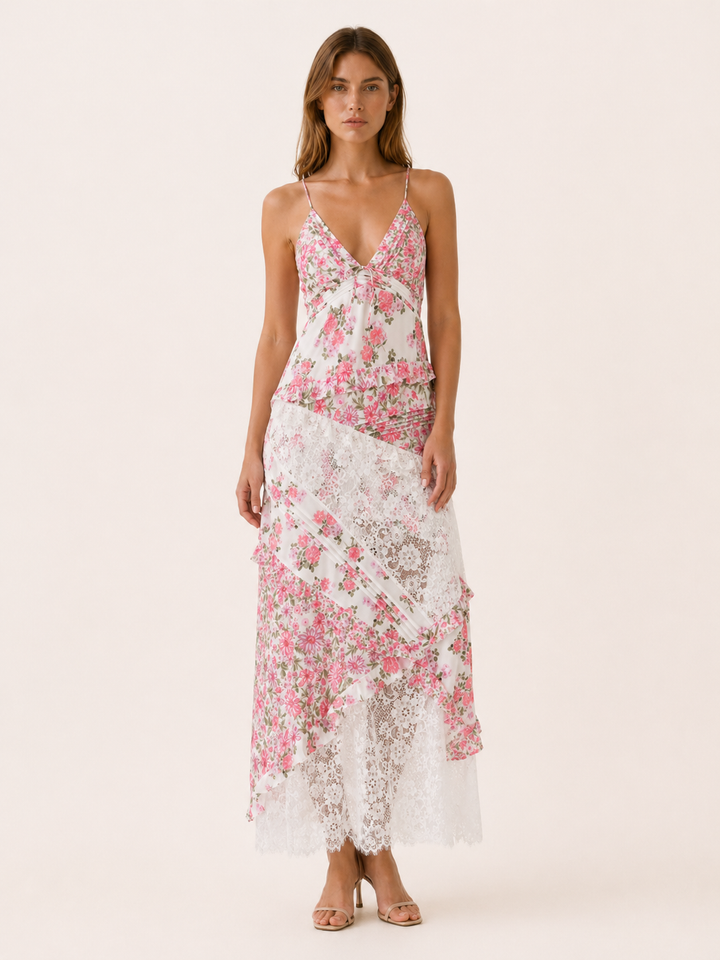 Green Floral Lace Maxi Dress with Open Back – detail view