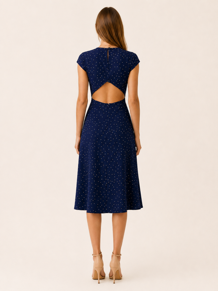 Navy Polka Dot Midi Dress with Cutout Back – side view