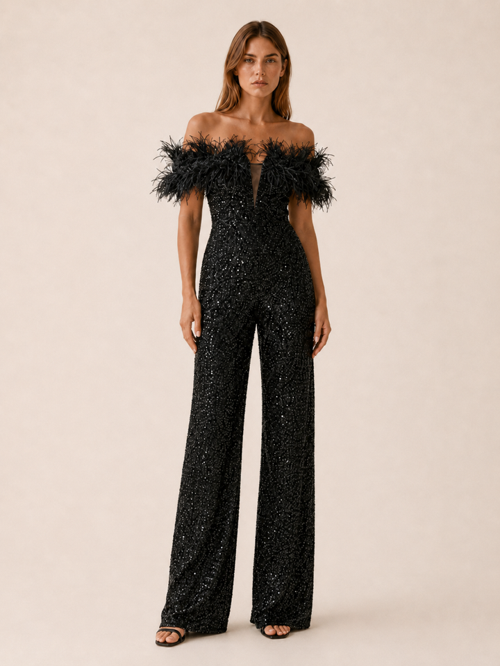 Zelie | Sequin Jumpsuit with Feather Trim